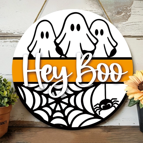 Halloween Στρογγυλή Ξύλινη Επιγραφή Πόρτας Hey Boo Φάντασμα Ιστός Αράχνης Διακόσμηση Τοίχου Ρουστίκ