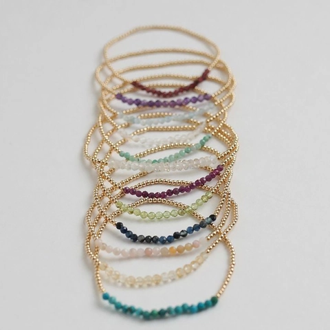 Natural Gemstone Beaded Bracelet With Gold Plated Brass Beads Dainty Elastic Layering Jewelry Gift For Women