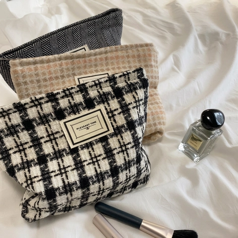 Borsa Per Cosmetici Retro In Tweed A Quadri Grande Capacità Sacchetto Trucco Viaggio Pochette Con Cerniera Donna