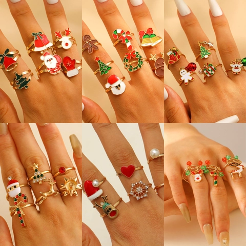 Weihnachten Cartoon Weihnachtsmann Rentier Baum Ringe Legierung Harz Emaille Verstellbar Offen Ring Party Schmuck Damen