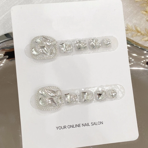 Unghie Finte Piedi Glitter Argento Lusso Fatto Mano Strass Cristallo Perla Artificial Fiocco Pedicure Artificiale Per Donne