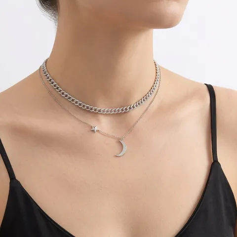 Stern Mond Anhänger Halskette 925 Sterling Silber Elegant Minimalistisch Schlüsselbeinkette Für Damen Schmuck