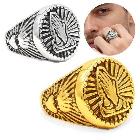 Praying Hands Signet Ring 316L Stainless Steel Religious Retro Gothic Hip Hop Punk Jewelry For Men Unisex