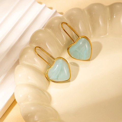 Pendientes de Gota de Corazón de Acero Inoxidable Dulce Coreano Para Mujer Textura de Mármol de Resina Joyería de Moda