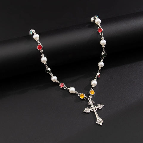 Collar Colgante Cruz Hombre Aleación Diamantes De Imitación Coloridos Perla Artificial De Imitación Joyería Punk Hip Hop