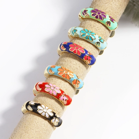 Vintage Floral Enamel Hoop Earrings 18K Gold Plated Brass Ethnic Huggie Jewelry For Women