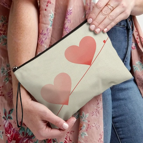 Valentine Day Heart Print Cosmetic Bag Linen Zippered Makeup Pouch With Wristlet Strap For Women Travel Storage