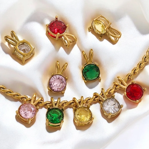 Round Birthstone Zircon Pendant 18K Gold Plated Stainless Steel DIY Necklace Earring Making Accessories Jewelry Parts