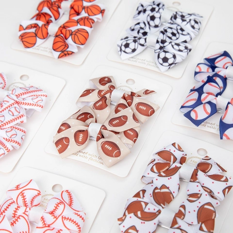 Sports Theme Bow Hair Clips Grosgrain Ribbon Baseball Basketball Soccer Football Patterns For Kids Girls Handmade Accessory