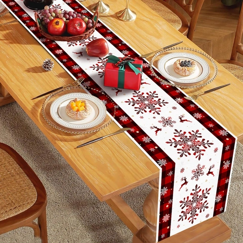 Camino De Mesa Navideño Poliéster Cuadros Patrón Reno Copo De Nieve Decoración Mesa Fiesta Comedor