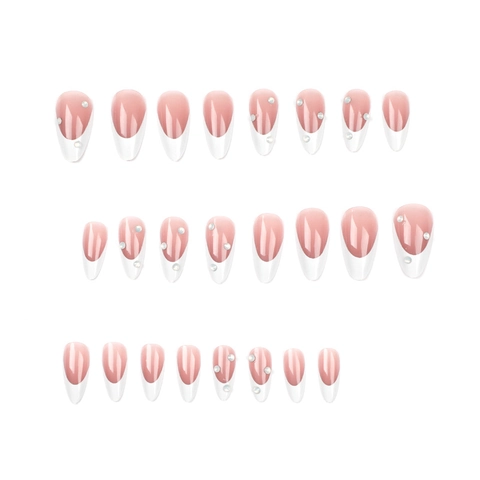Unghie Finte French Tip Lunghe Mandorla Nude Bianco Decoro Strass Perla Artificial Manicure Artificiale Per Donna