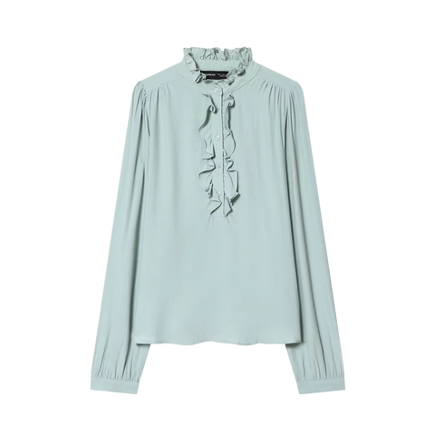 Blusa Elegante De Manga Larga Con Adorno De Volantes Camisa Vintage Con Cuello Alzado Color Sólido Top Casual Para Mujer