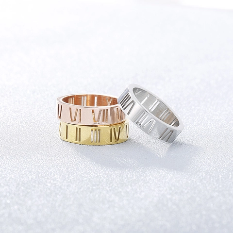 Hollow Roman Numeral Ring Stainless Steel Double Row Rhinestone CZ Inlaid Fashion Commuter Jewelry For Women