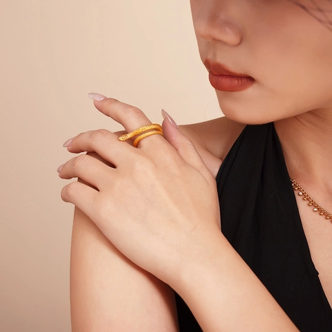 Ins Style Double Layer Snake Ring Scale Texture Design Titanium Steel 18K Gold Plated Silver Color Ring For Women
