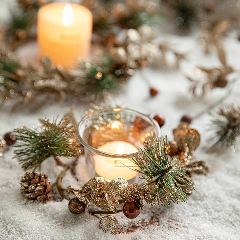 Christmas Wreath Garland Floral Picks Shiny Golden Glitter Pine Cones Pine Needles For Holiday Table Candle Home Decoration