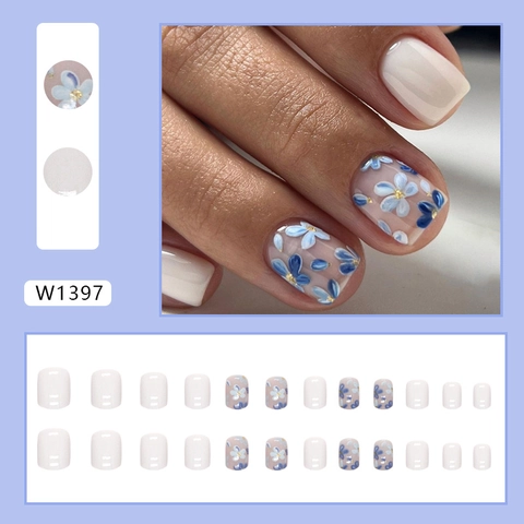 Press On Nails Short Square Blue Floral Vintage Glossy French Style False Nail Tips For Women Elegant Manicure