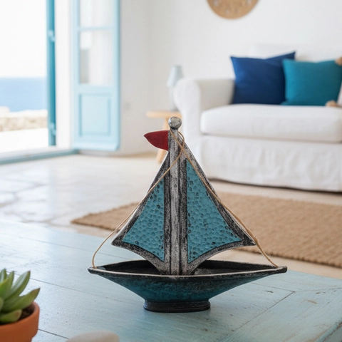 Mediterranean Sailboat Ornament Resin Nautical Ship Model Textured Sails Desktop Decor Vintage Coastal Style Home Office
