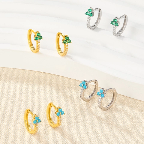 925 Sterling Silver Hoop Earrings For Women Micro Pave Colorful Cubic Zirconia Flower Clover Design Fashion Jewelry