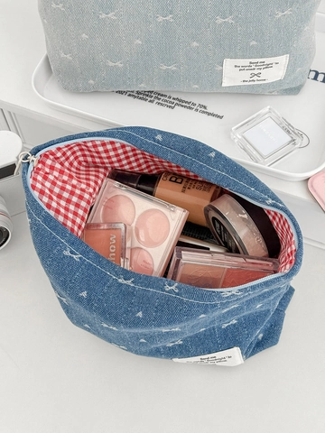 Borsa Da Trucco In Denim Vintage Ricamo Fiocco Bianco Grande Capacità Pochette Cosmetica Portatile Organizzatore Per Donne