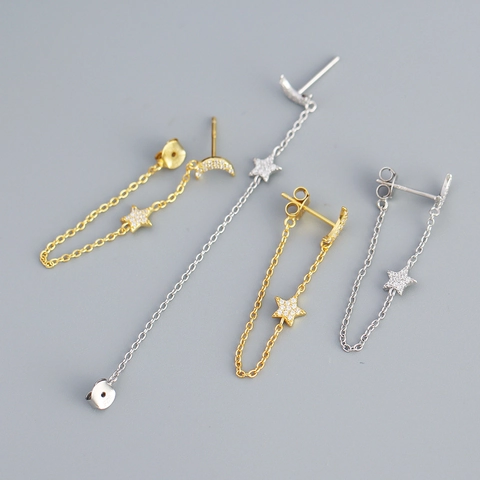 Star Moon Tassel Earrings With 925 Sterling Silver Earring Post Asymmetric Zircon Chain Jewelry For Women