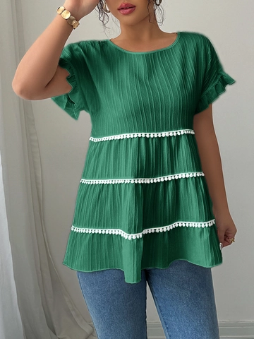 Women Textured Tiered Blouse Short Ruffle Sleeve Elegant Layered Top With White Lace Pom Pom Trim Solid Color Pullover