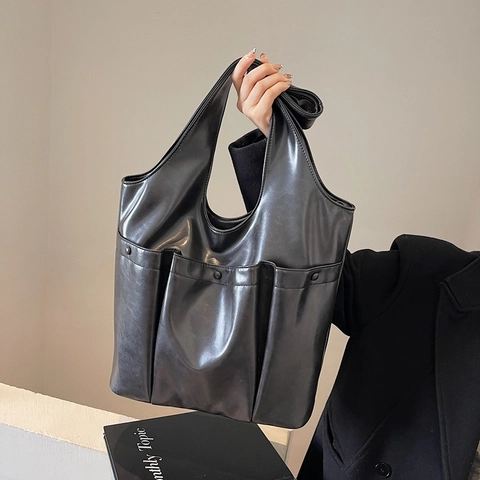 Women Large Capacity Shoulder Tote Bag Retro PU Leather Multi-Pocket Casual Commuter Handbag