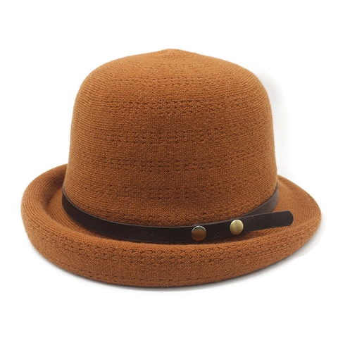 Women Vintage Knitted Bowler Hat Warm Breathable Curled Brim Basin Hat With Leather Strap And Metal Rivets