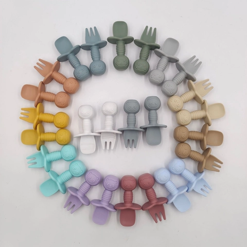 Baby Training Fork And Spoon Food Grade Silicone Short Handle Anti Choke Guard Cartoon Panda Infants Toddlers Self Feeding