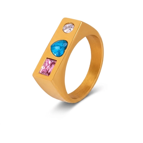Anillo de Acero de Titanio Chapado en Oro con Circonia de Corazón para Mujer Joyería de Dedo Geométrica Vintage con Piedras de Colores