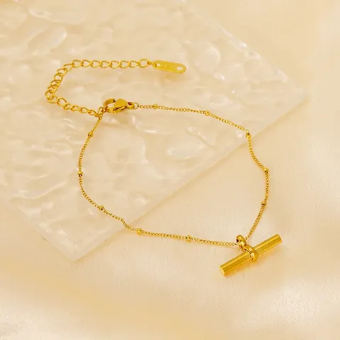 Minimalist Anklet 18K Gold Plated Stainless Steel Bead Chain Horizontal T-Bar Pendant Adjustable Jewelry For Women Vintage