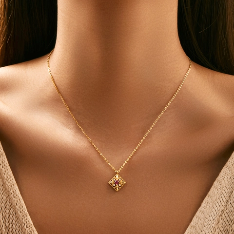 Vintage Hollow Square Pendant Necklace Red Ruby Zircon 925 Sterling Silver Gold Plated Geometric Elegant Jewelry Women