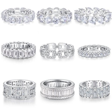 925 Sterling Silver Eternity Ring For Women Men Full Zirconia Heart Square Emerald Cut Stackable Band Jewelry