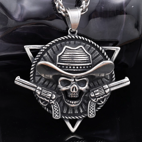 Cowboy Skelett Anhänger Edelstahl Vintage Punk Rock Sheriff Stern Doppelwaffen Gothic Hip Hop Schmuck Herren Damen
