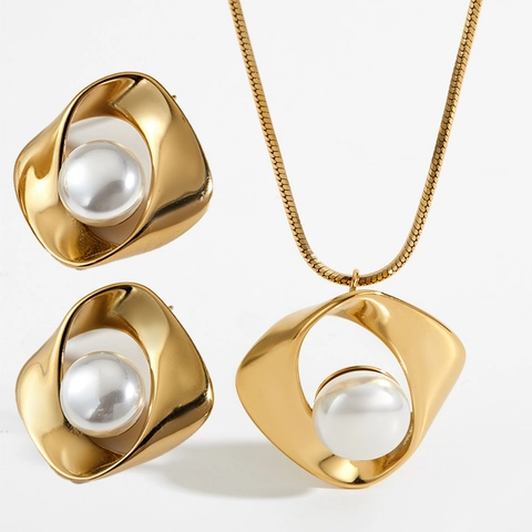 Set Di Gioielli Collana Orecchini Con Perla D'acqua Dolce In Acciaio Inossidabile 316 Geometrico Irregolare Intrecciato Elegante