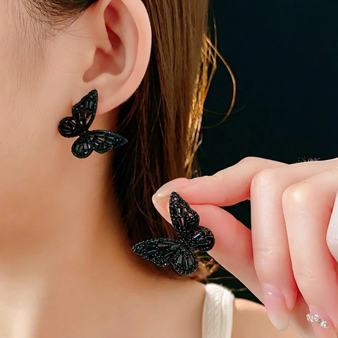 Schwarze Hohle Schmetterling Ohrstecker Mit Silber Ohrringstecker Kupfer Eingelegte Zirkon Chic Mode Schmuck Für Damen