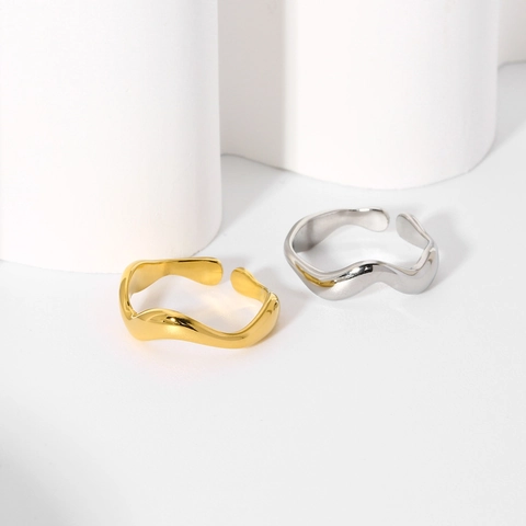 Minimalist Wavy Irregular Open Ring Stainless Steel 18K Gold Plated Fluid Line Adjustable Jewelry For Women