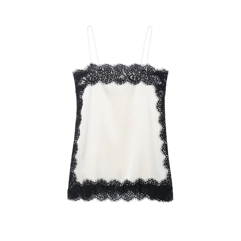 Women Satin Cami Top Lace Trim V Neck Spaghetti Strap Sexy Slim Fit Sleeveless Tank Top