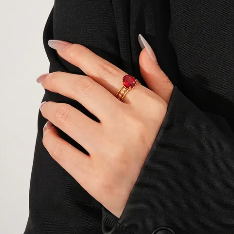 Anello Aperto Vintage Acciaio Inossidabile Con Zircone Ovale Rosso Design Perlato Multistrato Gioielli Regolabili Da Donna