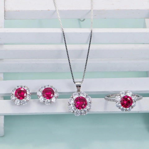 Red Gemstone Round Zircon Halo Necklace Stud Earrings And Ring Copper Silver Plated Jewelry For Women Elegant Sweet Style