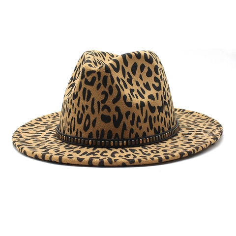 Leopard Print Fedora Hoed Wolvilt Brede Rand Klinknagel Riem Vintage Western Jazz Hoed Unisex