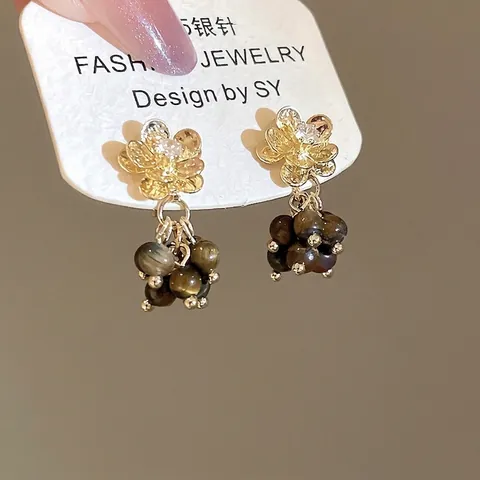 Orecchini Pendenti A Fiore Con Pietra Occhio Di Tigre Zircone Lega E Perno In Argento Sterling 925 Vintage Elegante Donna