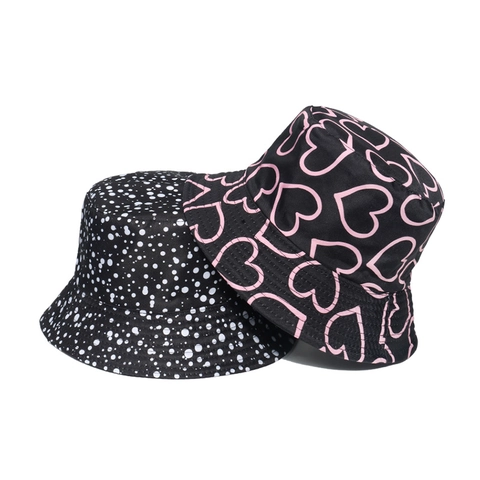 Women Reversible Bucket Hat Polyester Sun Protection Summer Beach Outdoor Heart Polka Dot Floral Pattern Travel Cap