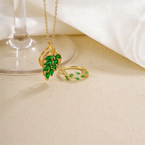 Kupfer Blatt Halskette Und Ring Schmuckset Eingelegt Grüne Strass Botanisch Minimalistisch Schlüsselbeinkette Damen Accessoires