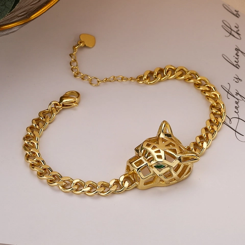 Pulsera Cabeza De Leopardo Hueca Cobre Chapado En Oro Ojos Verdes Geométrica Eslabones Cubanos Ajustable Joyería Mujer