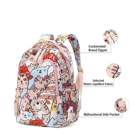Cartoon Cat Print Backpack Waterproof Large Capacity School Travel Casual Fashion For Girls Women Polyester