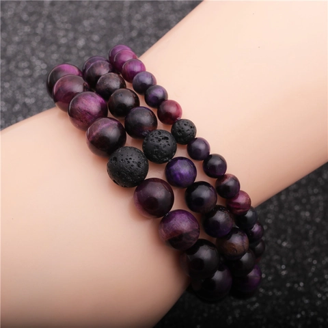 Bracciale Di Perline In Pietra Occhio Di Tigre Viola Fatto A Mano Tondo Elastico Roccia Vulcanica Minimalista Unisex