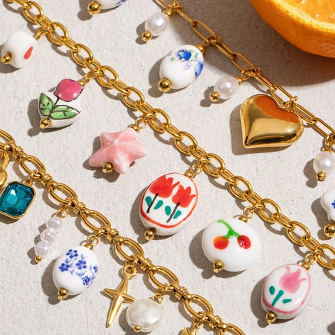 Vintage Stainless Steel Necklace With Ceramic Beads Artificial Pearl Floral Pendants For Women Waterproof Elegant Jewelry