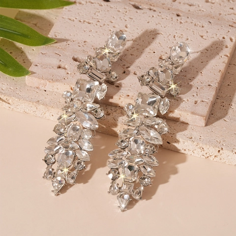 Luxury Rhinestone Long Tassel Drop Earrings With Silver Earring Post Geometric Oversized For Wedding Party Women