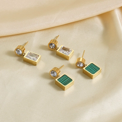 Pendientes de Botón Geométricos de Acero Inoxidable 304 Chapados en Oro 18K con Circonia y Colgante Cuadrado Textura Malaquita