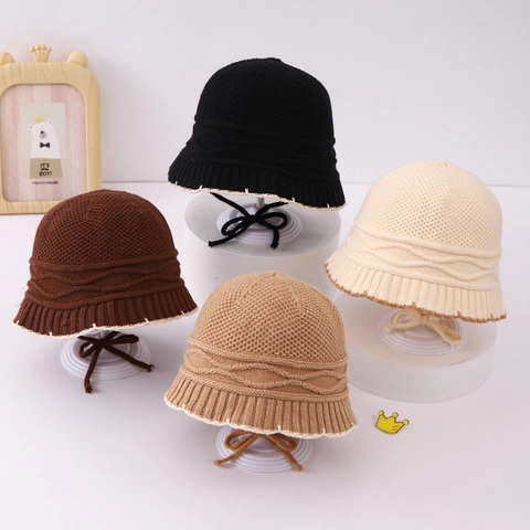 Cappello Da Pescatore In Maglia Per Bambini Acrilico Caldo Inverno Cappello Con Cinturino Lacci Bordo Ondulato Motivo A Trecce